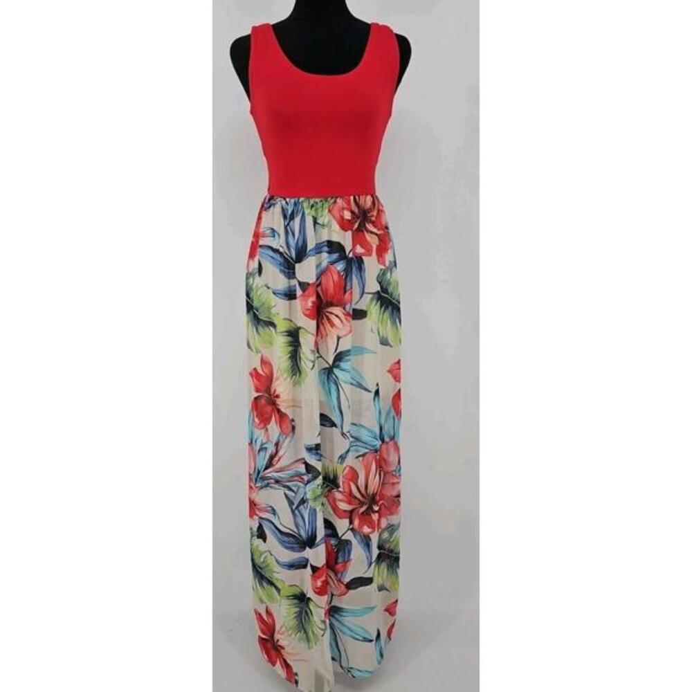 Le Lis Red Floral Maxi Dress Medium Sleeveless Sheer Bottom Lined
